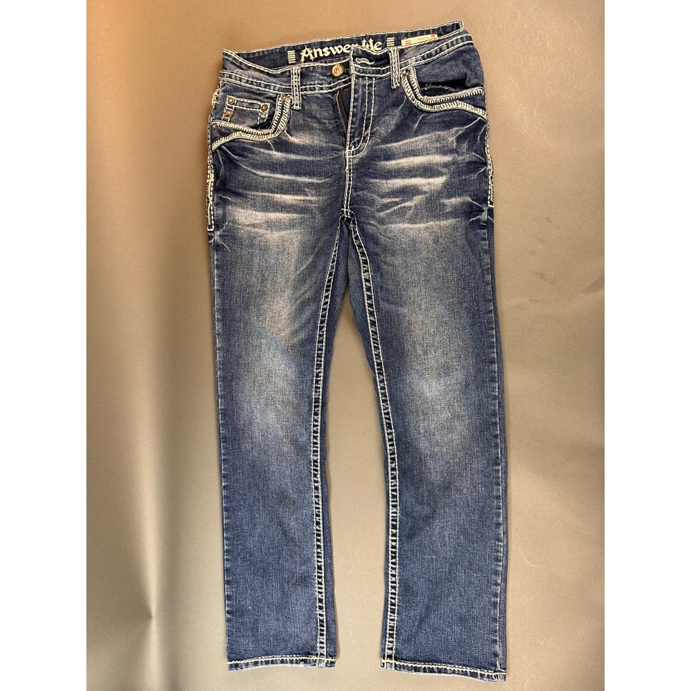 Answer Me Premium Denim Womens Bootcut Jeans Blue Thick Stitch Embroidered 33x32 - Picture 2 of 12